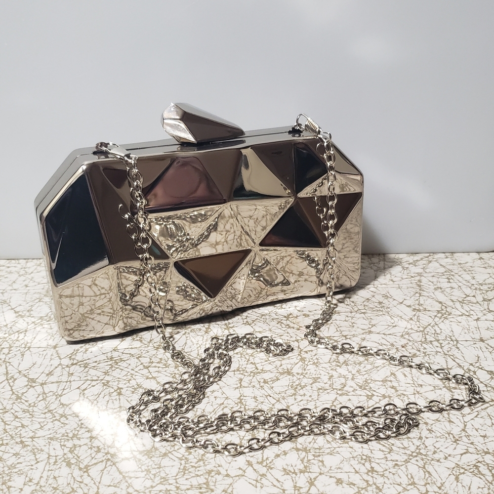 Metallic Silver Geometric Clutch with Chain Strap